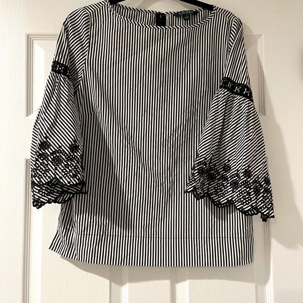 Ralph Lauren Women's Classic Black/White Stripes 3/4 Sleeves Blouse Size Small
